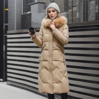 Lange Daunenjacke für Damen – Pelzkragen – Gefüttert – Winterjacke – Langer Mantel für Damen