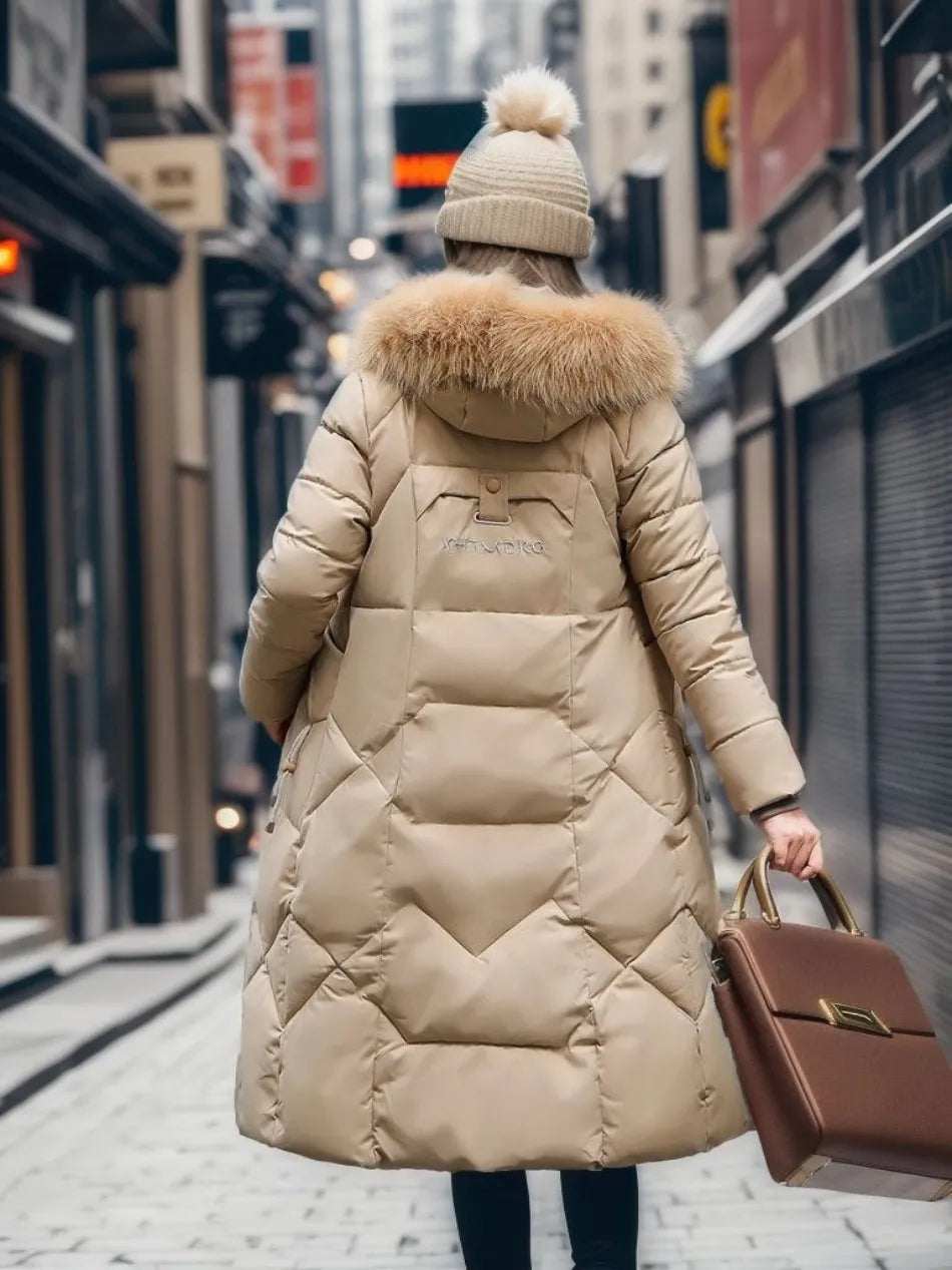 Lange Daunenjacke für Damen – Pelzkragen – Gefüttert – Winterjacke – Langer Mantel für Damen