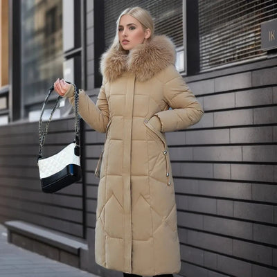Lange Daunenjacke für Damen – Pelzkragen – Gefüttert – Winterjacke – Langer Mantel für Damen