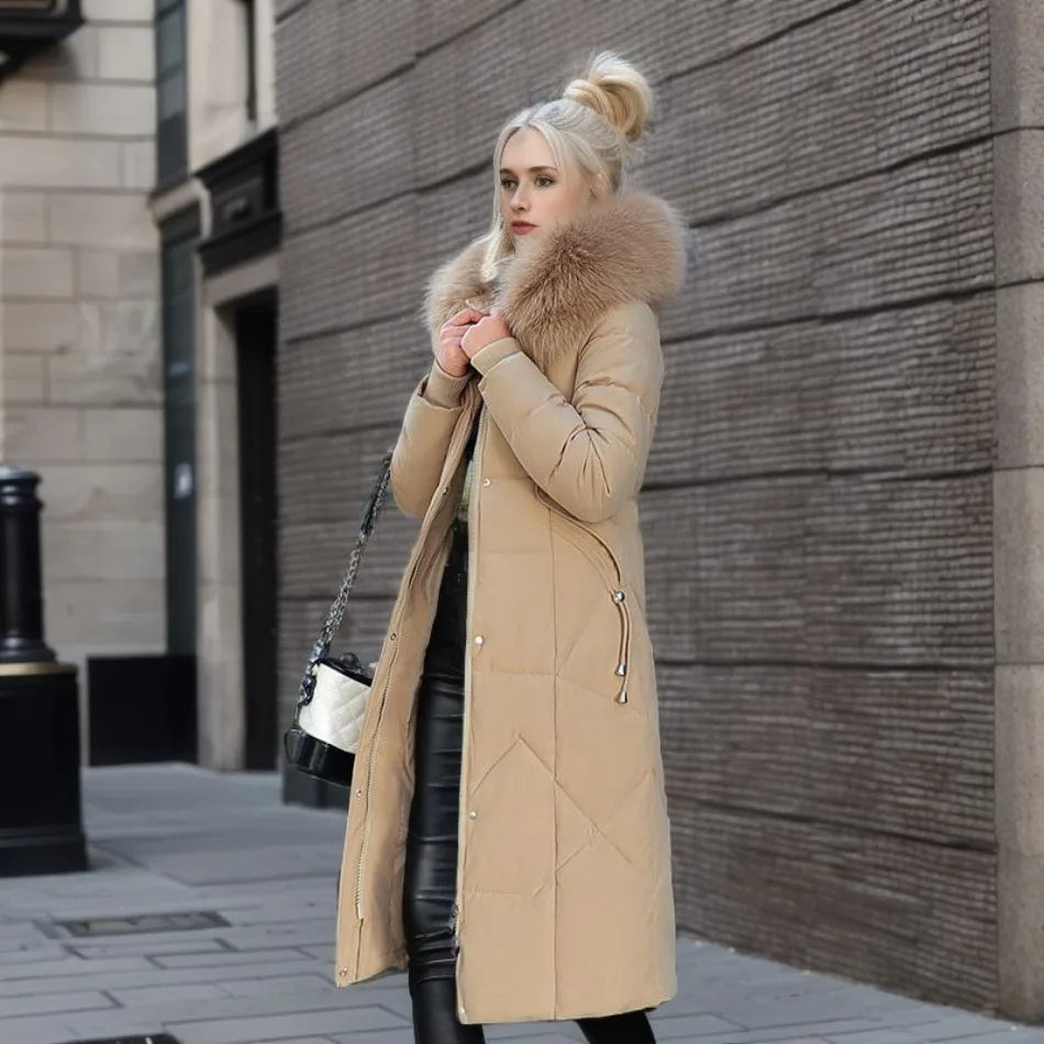 Lange Daunenjacke für Damen – Pelzkragen – Gefüttert – Winterjacke – Langer Mantel für Damen