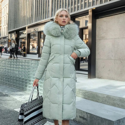Lange Daunenjacke für Damen – Pelzkragen – Gefüttert – Winterjacke – Langer Mantel für Damen