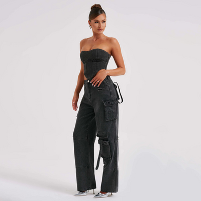 Denim-Set – Zweiteiliges Set aus bauchfreiem Tube-Top und locker sitzender Cargohose für Damen