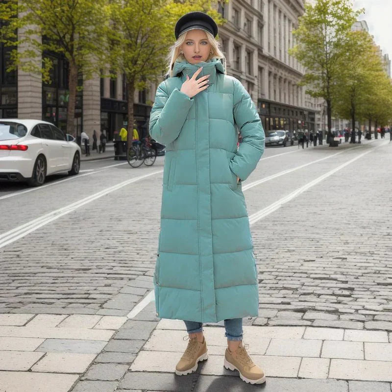 Lange Pufferjacke – warm – mit Kapuze – wattierter Damenmantel – langer Wintermantel für Damen