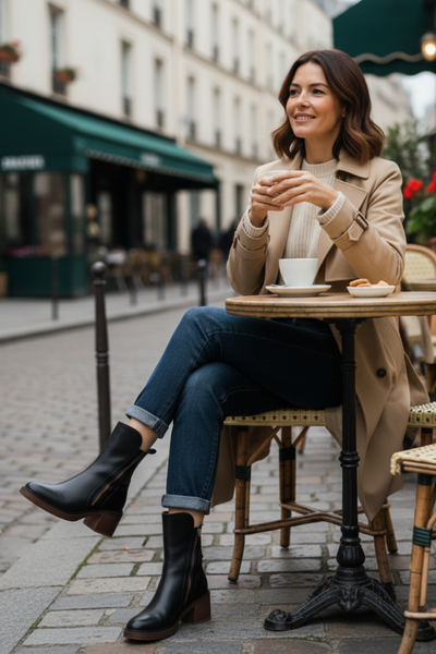Ankle Boots - Damenstiefel mit braunem und schwarzem Blockabsatz aus Leder
