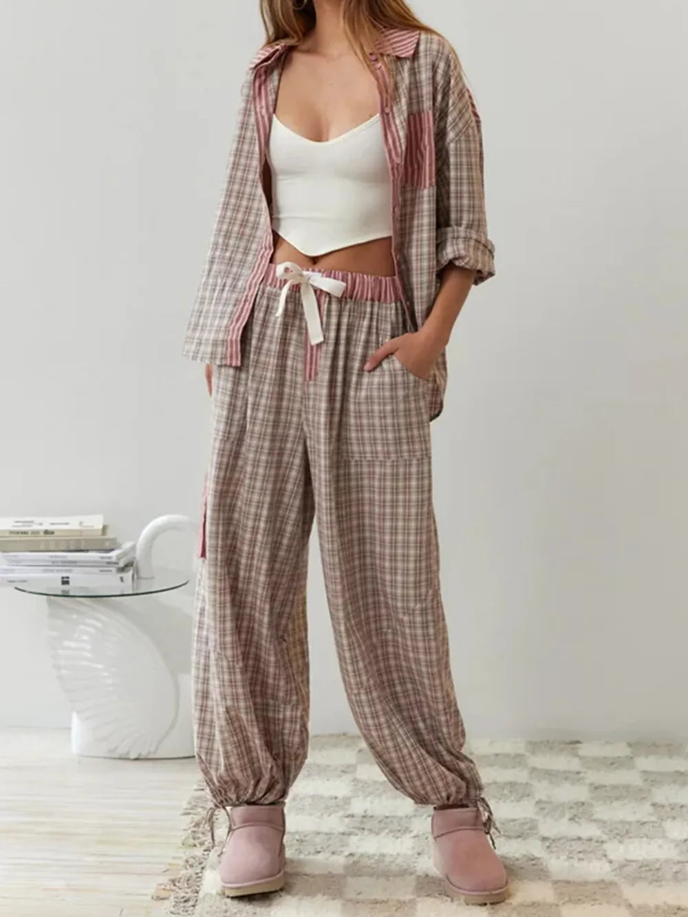 Pyjama-Set – Langärmeliges Pyjama-Set aus Baumwolle mit Karomuster für Damen