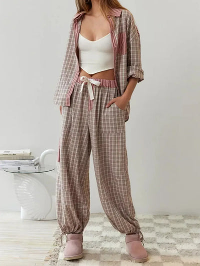 Pyjama-Set – Langärmeliges Pyjama-Set aus Baumwolle mit Karomuster für Damen