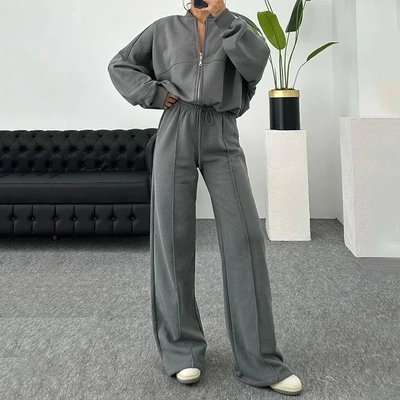 Trainingsanzug für Frauen - Sweatshirt mit Reißverschluss und Jogginghose mit weitem Bein - Zweiteiliges Set