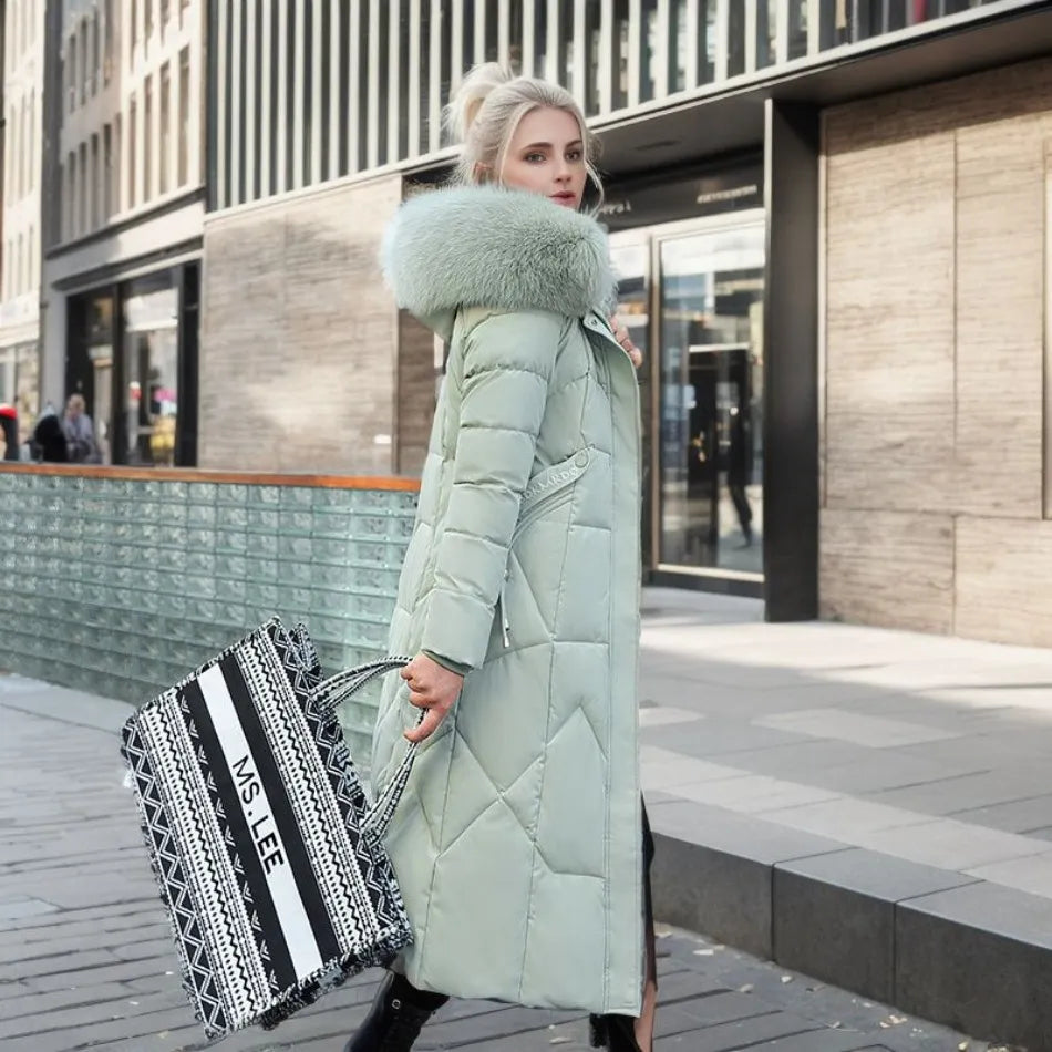 Lange Daunenjacke für Damen – Pelzkragen – Gefüttert – Winterjacke – Langer Mantel für Damen
