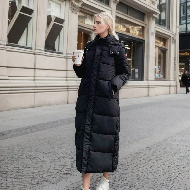 Lange Pufferjacke – warm – mit Kapuze – wattierter Damenmantel – langer Wintermantel für Damen