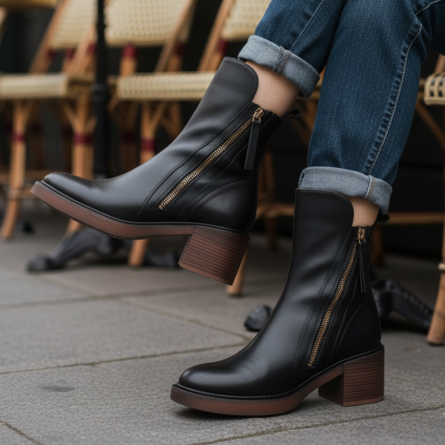 Ankle Boots - Damenstiefel mit braunem und schwarzem Blockabsatz aus Leder