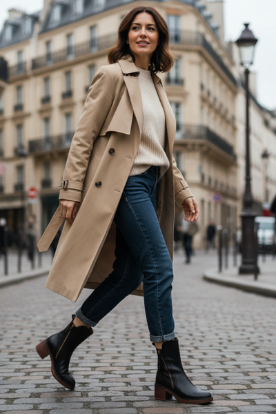 Ankle Boots - Damenstiefel mit braunem und schwarzem Blockabsatz aus Leder