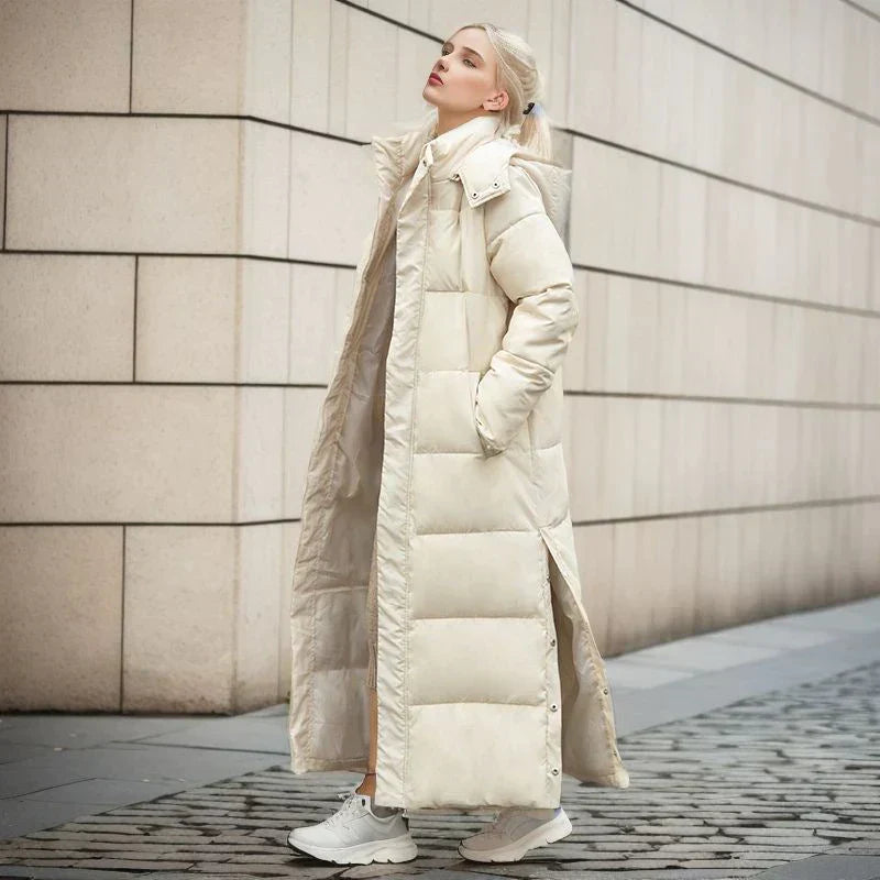 Lange Pufferjacke – warm – mit Kapuze – wattierter Damenmantel – langer Wintermantel für Damen