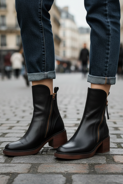 Ankle Boots - Damenstiefel mit braunem und schwarzem Blockabsatz aus Leder