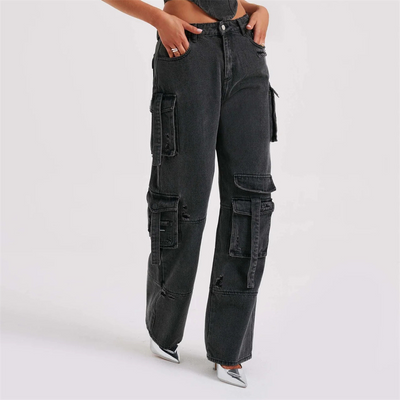 Denim-Set – Zweiteiliges Set aus bauchfreiem Tube-Top und locker sitzender Cargohose für Damen