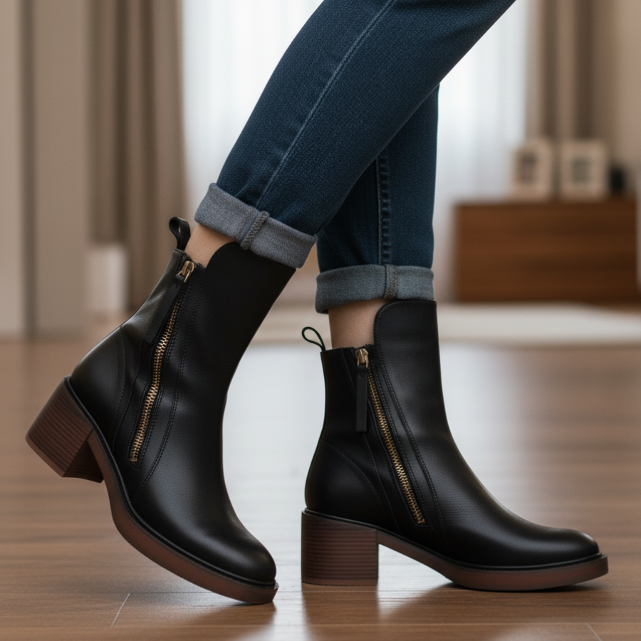 Ankle Boots - Damenstiefel mit braunem und schwarzem Blockabsatz aus Leder