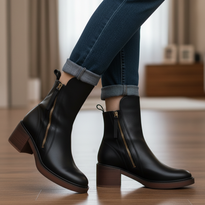 Ankle Boots - Damenstiefel mit braunem und schwarzem Blockabsatz aus Leder