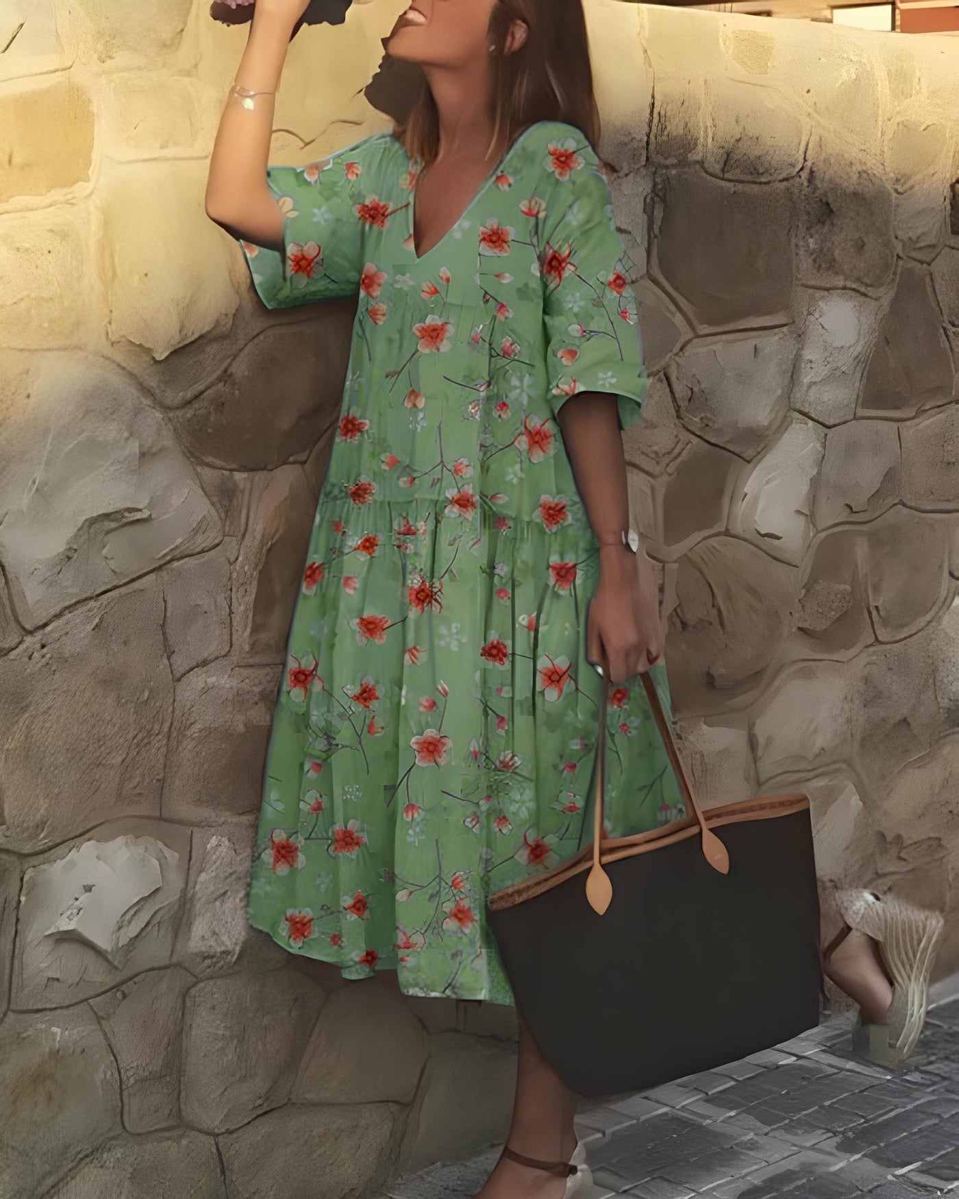 Blumenkleid – A-Linie – V-Ausschnitt – Midi-Kleid – Sommerkleid