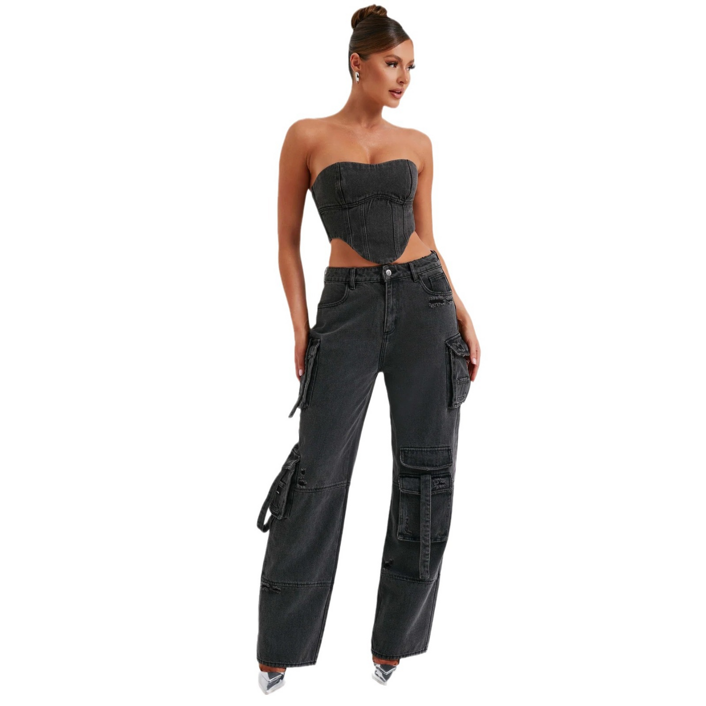 Denim-Set – Zweiteiliges Set aus bauchfreiem Tube-Top und locker sitzender Cargohose für Damen