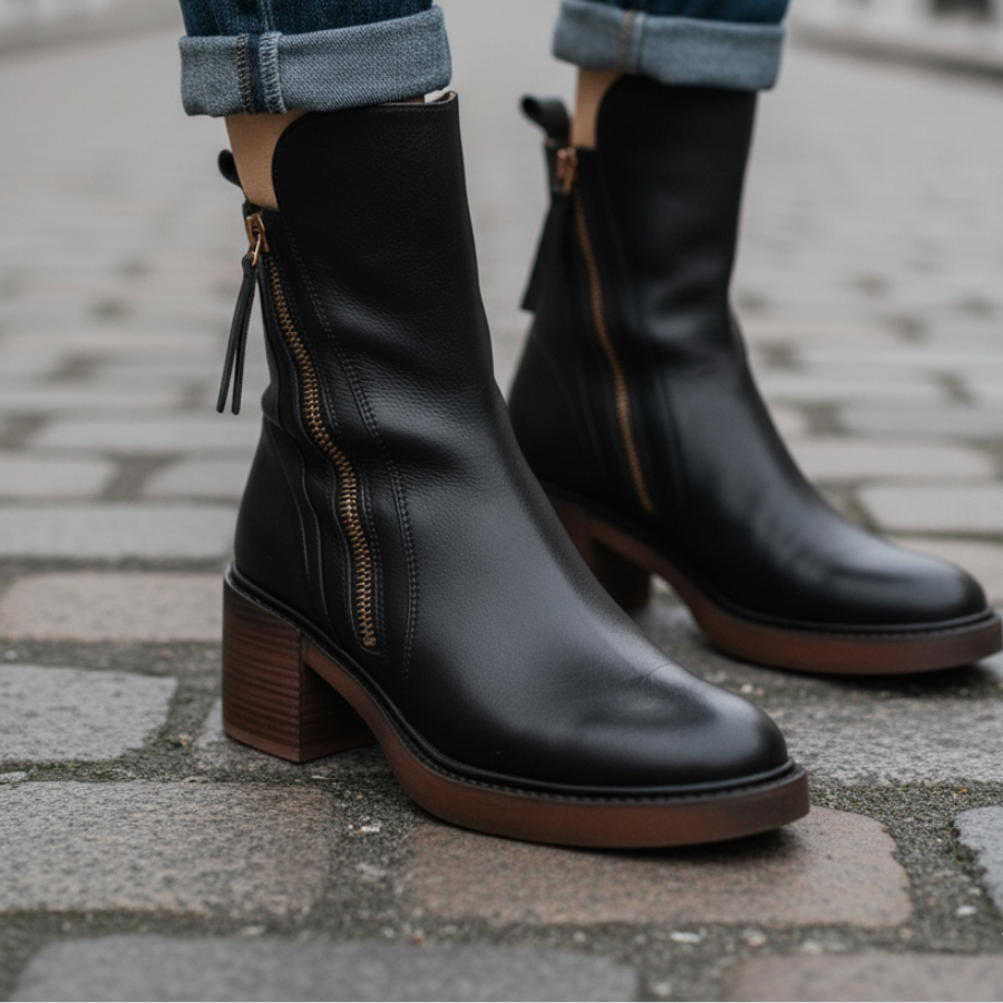 Ankle Boots - Damenstiefel mit braunem und schwarzem Blockabsatz aus Leder