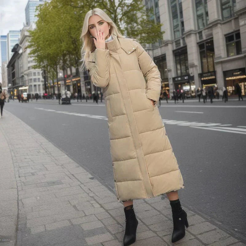 Lange Pufferjacke – warm – mit Kapuze – wattierter Damenmantel – langer Wintermantel für Damen