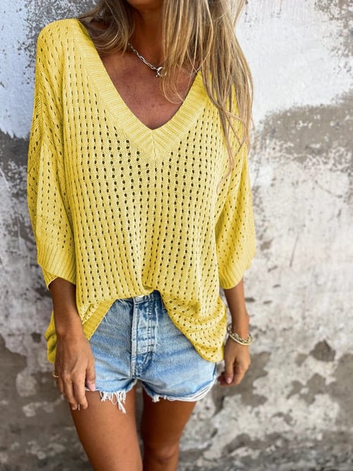 Strickbluse – Lockere Passform – V-Ausschnitt – Gestrickte Kurzarm-Oberteile – Damen-Strickoberteil