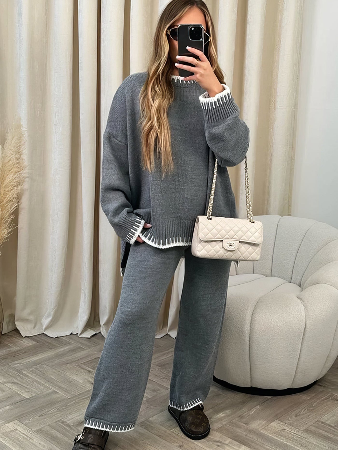 Strick-Set | Langarm | Weites Bein | Zweiteiliges Strick-Set | Loungewear für Frauen