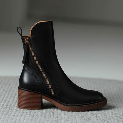 Ankle Boots - Damenstiefel mit braunem und schwarzem Blockabsatz aus Leder