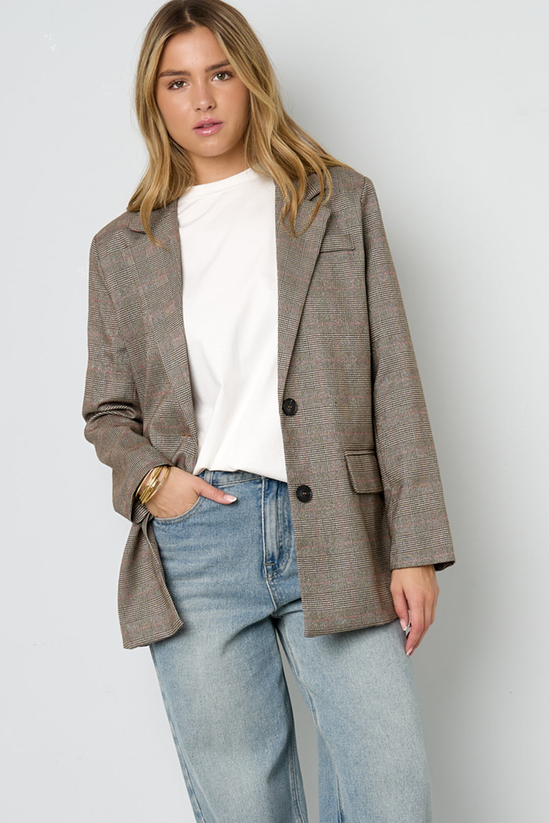 Oversized-Blazer – Damen-Blazer mit lockerer Passform und einreihiger Knopfleiste im Karomuster