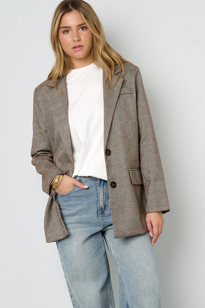 Oversized-Blazer – Damen-Blazer mit lockerer Passform und einreihiger Knopfleiste im Karomuster