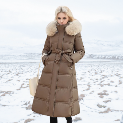 Langer Puffermantel | Gepolstert | Pelzkragen | Lange Winterjacken für Frauen | Damenmantel