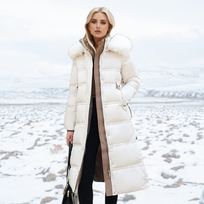 Langer Puffermantel | Gepolstert | Pelzkragen | Lange Winterjacken für Frauen | Damenmantel
