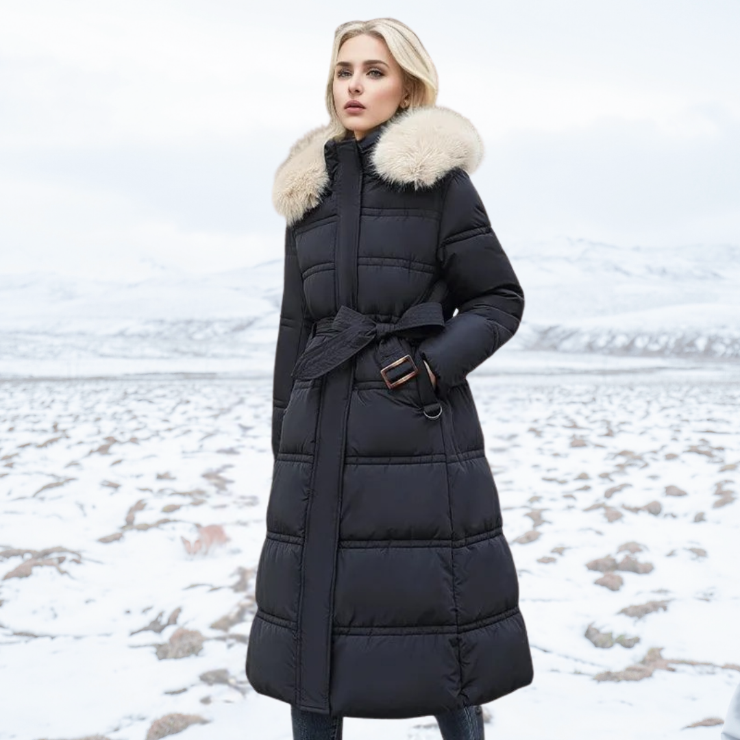 Langer Puffermantel | Gepolstert | Pelzkragen | Lange Winterjacken für Frauen | Damenmantel