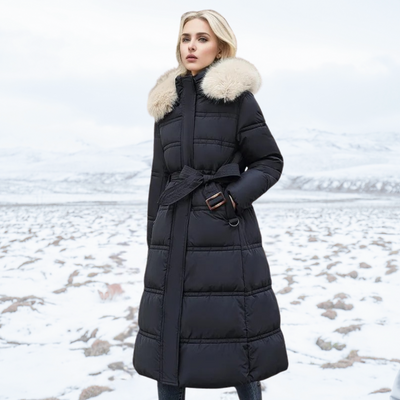 Langer Puffermantel | Gepolstert | Pelzkragen | Lange Winterjacken für Frauen | Damenmantel