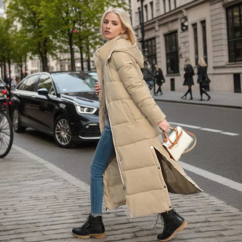 Lange Pufferjacke – warm – mit Kapuze – wattierter Damenmantel – langer Wintermantel für Damen
