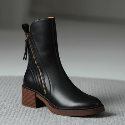 Ankle Boots - Damenstiefel mit braunem und schwarzem Blockabsatz aus Leder