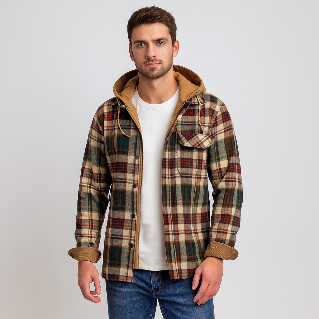 Überhemd mit Kapuze - Button-Up - Brusttaschen - Plaid Hoodie - Herrenbekleidung