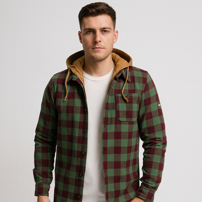 Überhemd mit Kapuze - Button-Up - Brusttaschen - Plaid Hoodie - Herrenbekleidung