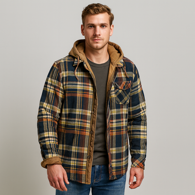Überhemd mit Kapuze - Button-Up - Brusttaschen - Plaid Hoodie - Herrenbekleidung