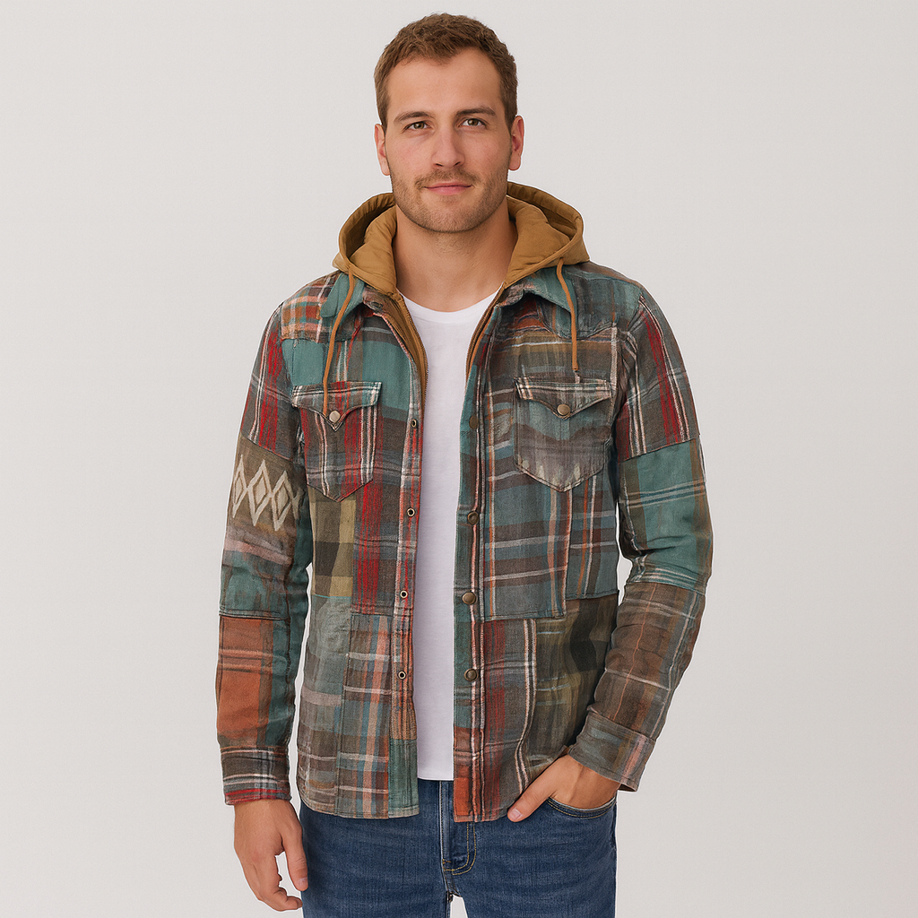 Überhemd mit Kapuze - Button-Up - Brusttaschen - Plaid Hoodie - Herrenbekleidung