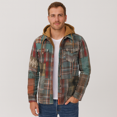 Überhemd mit Kapuze - Button-Up - Brusttaschen - Plaid Hoodie - Herrenbekleidung