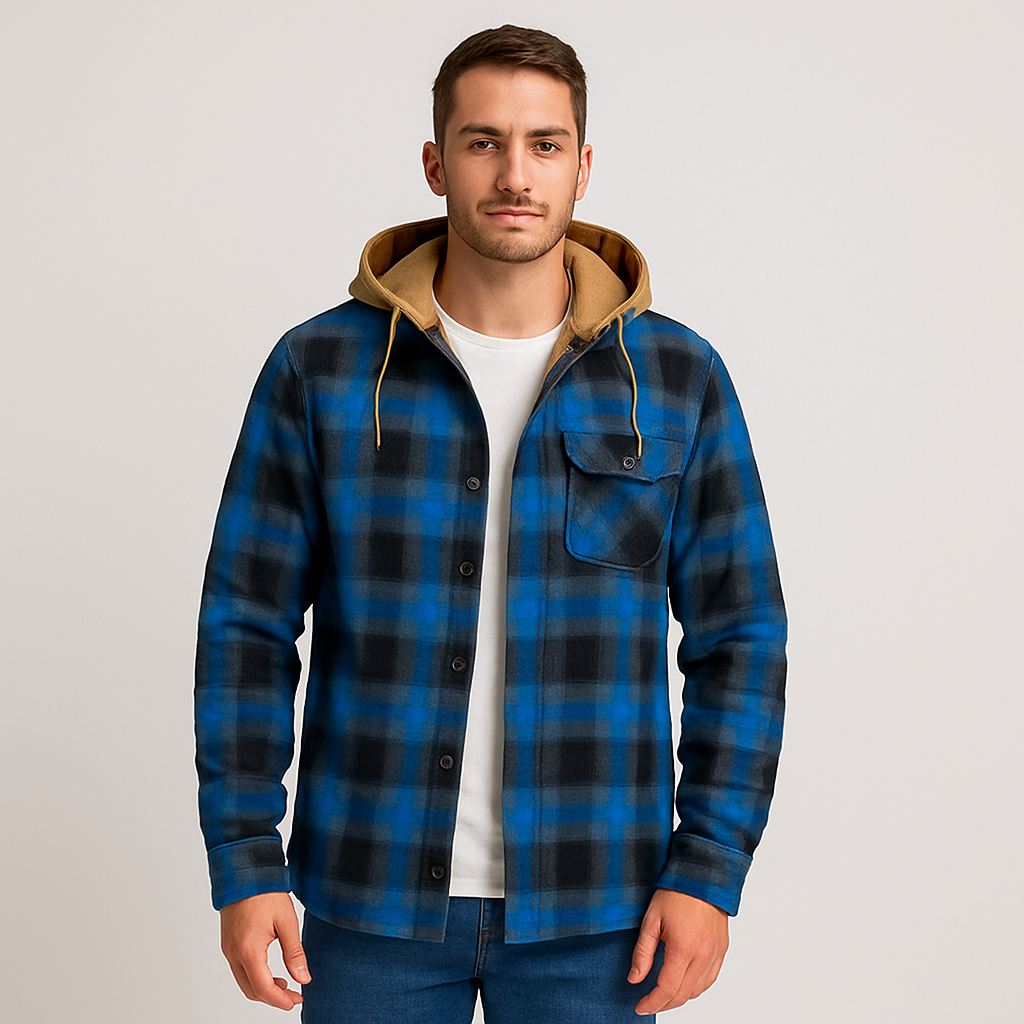 Überhemd mit Kapuze - Button-Up - Brusttaschen - Plaid Hoodie - Herrenbekleidung