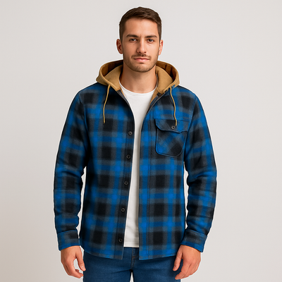 Überhemd mit Kapuze - Button-Up - Brusttaschen - Plaid Hoodie - Herrenbekleidung