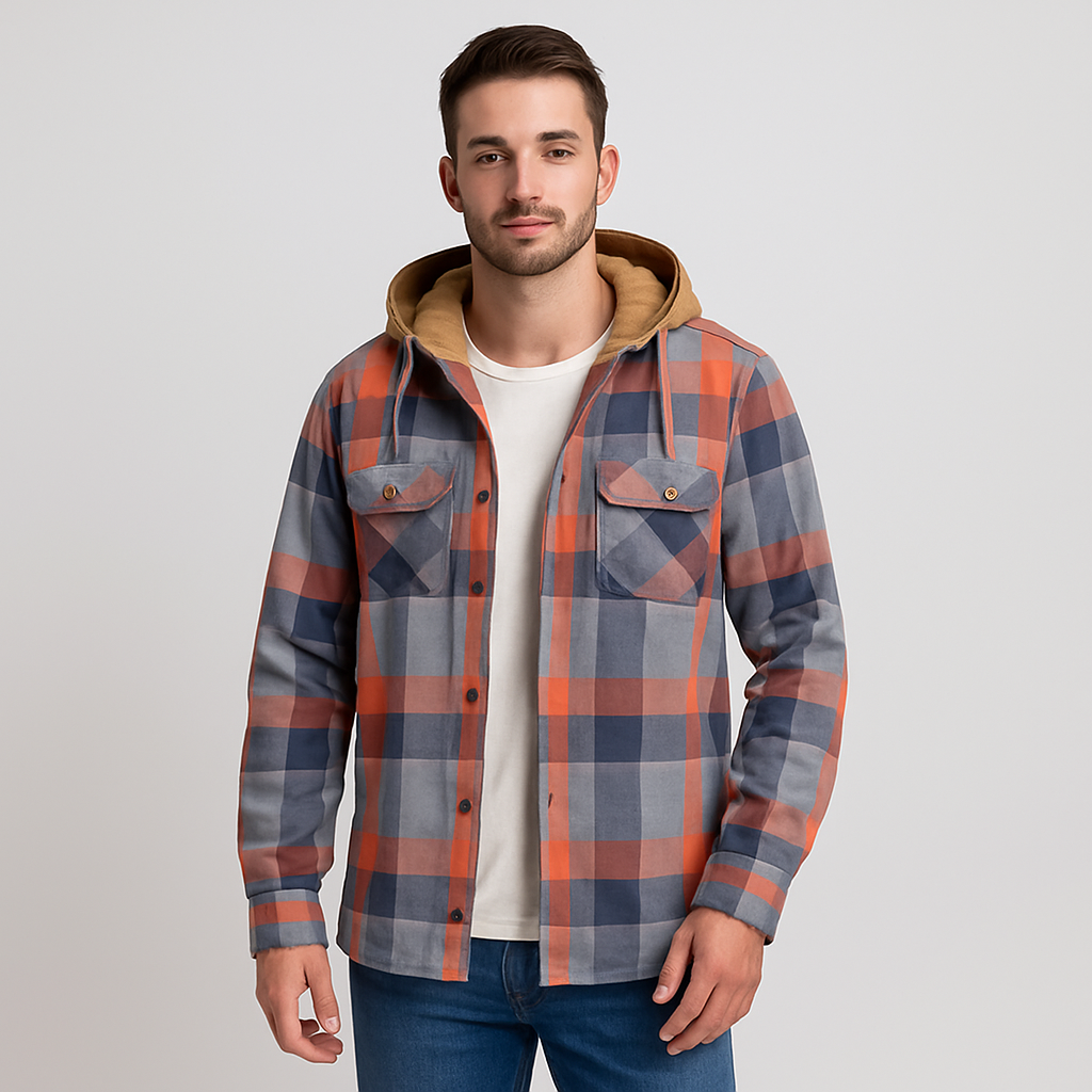 Überhemd mit Kapuze - Button-Up - Brusttaschen - Plaid Hoodie - Herrenbekleidung