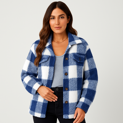 Karierte Jacke – Warme kurze Fleecejacke mit Knöpfen für Damen für den Winter