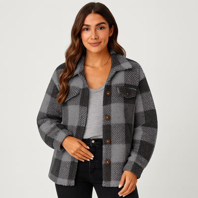Karierte Jacke – Warme kurze Fleecejacke mit Knöpfen für Damen für den Winter
