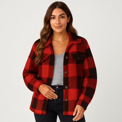 Karierte Jacke – Warme kurze Fleecejacke mit Knöpfen für Damen für den Winter