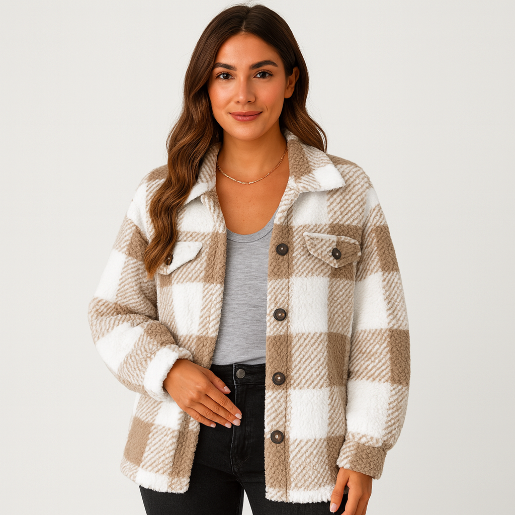 Karierte Jacke – Warme kurze Fleecejacke mit Knöpfen für Damen für den Winter