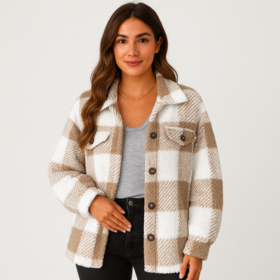 Karierte Jacke – Warme kurze Fleecejacke mit Knöpfen für Damen für den Winter