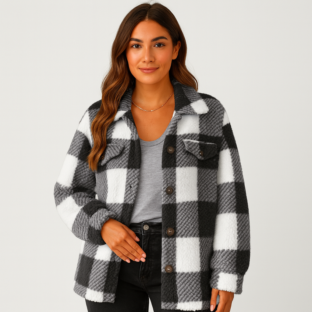 Karierte Jacke – Warme kurze Fleecejacke mit Knöpfen für Damen für den Winter