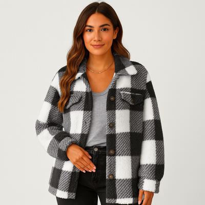 Karierte Jacke – Warme kurze Fleecejacke mit Knöpfen für Damen für den Winter